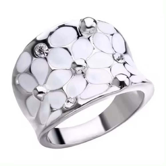 Silver Platinum Plated White flower statement ring NWT - Picture 10 of 10